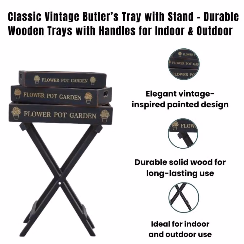 Nordara Foldable Vintage Serving Stand with 3 Black Wooden Trays – 2