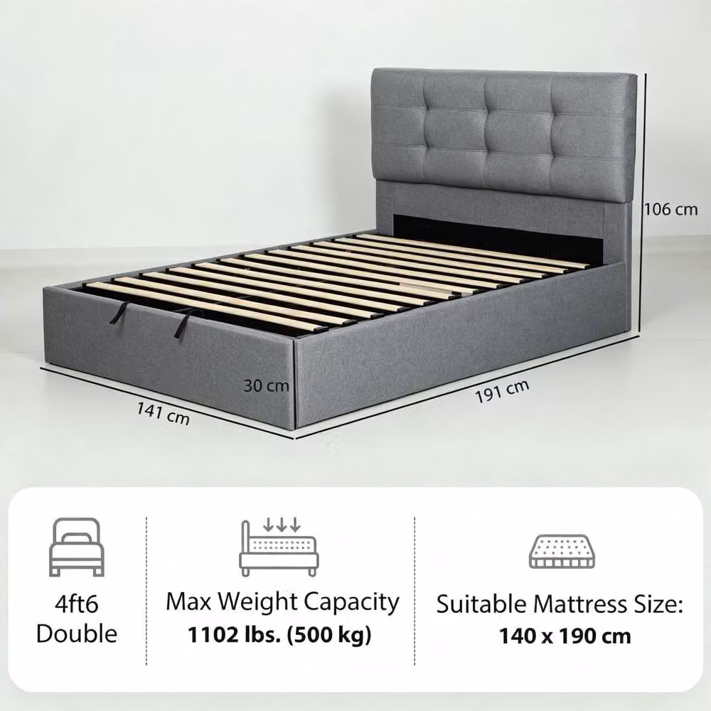 STILVORA Double Ottoman Bed with Storage in Grey Linen, W/D/H: 140 x 190 x 136 cm – 3