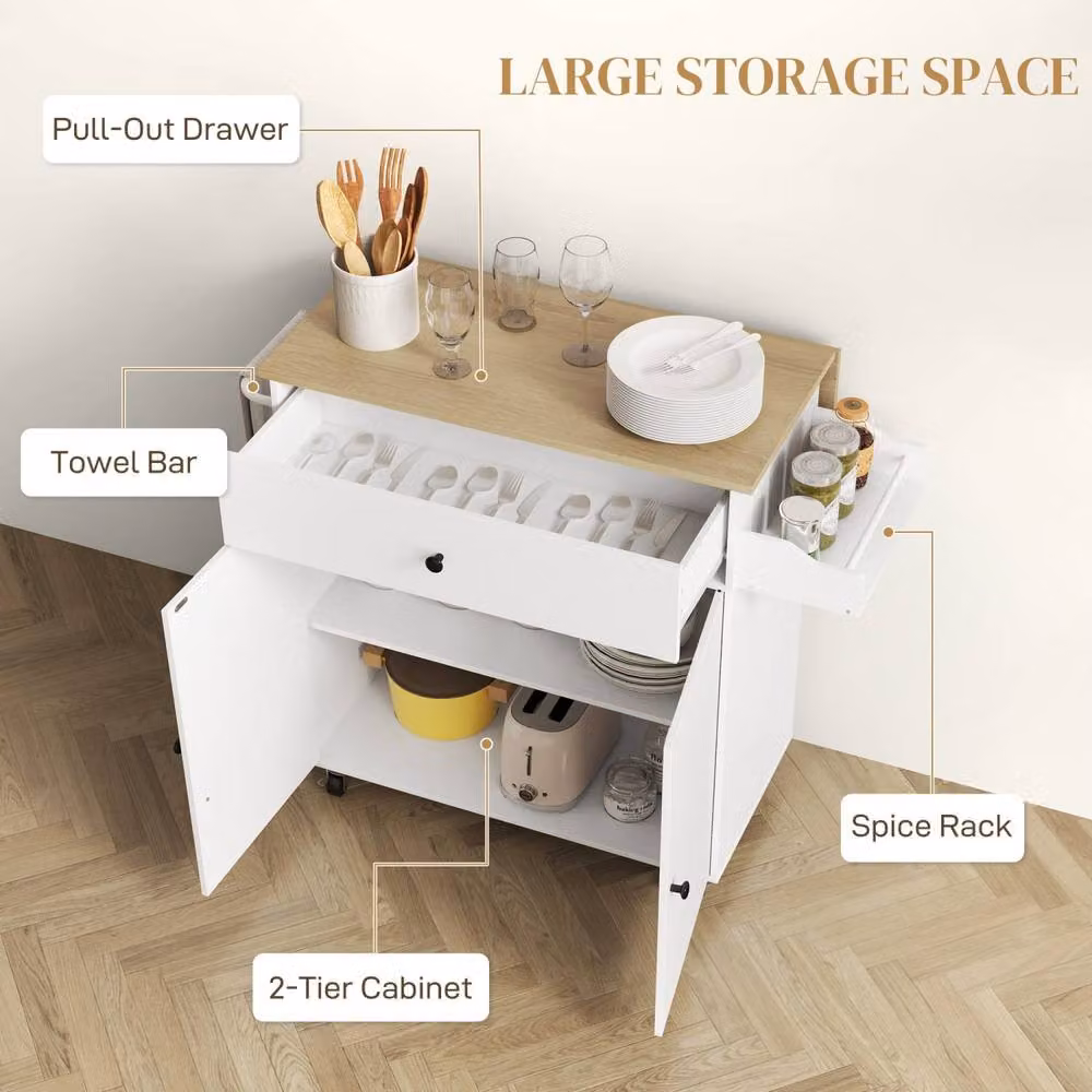 Wyld Haus Seto White and Oak Rolling Kitchen Island with Drop Leaf Countertop and Drawer, W/D/H: 106 x 42 x 87 cm – 3