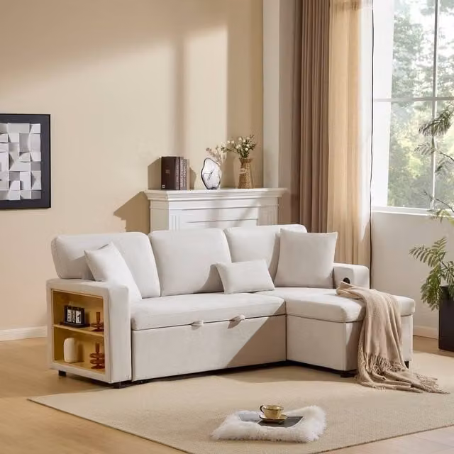 Rolipo Beige 3 Seater L-Shape Corner Sofa Bed with Storage, USB Charging and Pull Out Drawer – 1