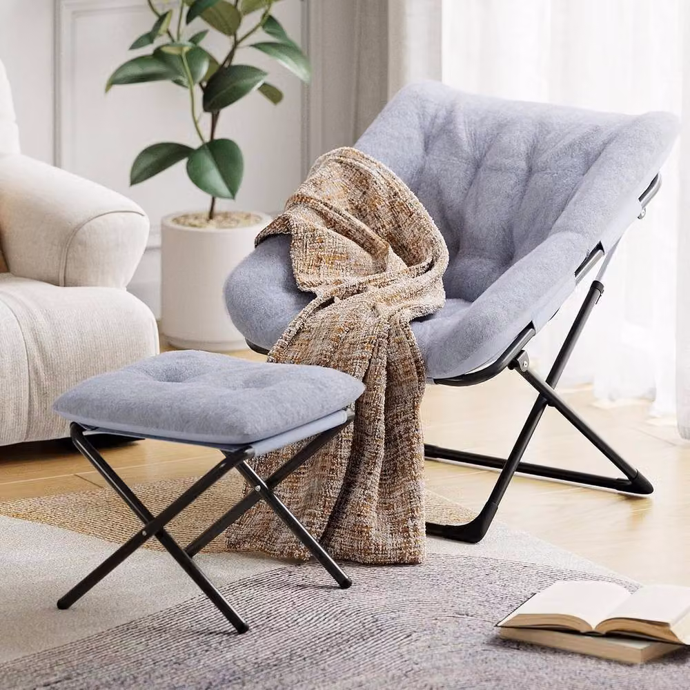London Boutique Grey Folding Saucer Lounge Chair with Ottoman – 6