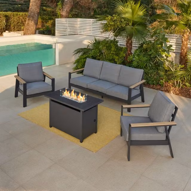 GRS Como Aluminium Garden Conversation Set in Ivory with Sofa, 2 Chairs, Coffee Table and Fire Pit Table
