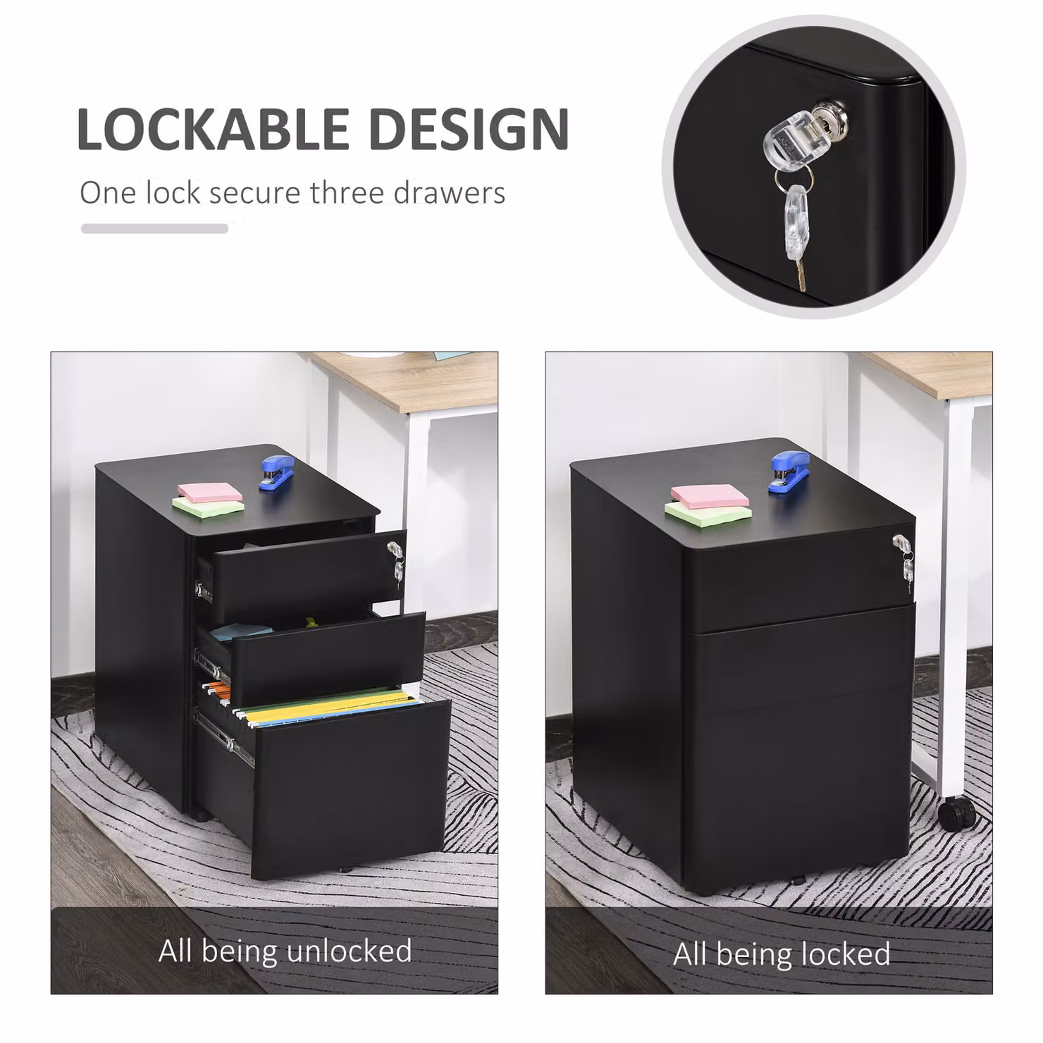 Vinsetto 3-Drawer Small Steel Filing Cabinet with Lock and Wheels, Black – 4