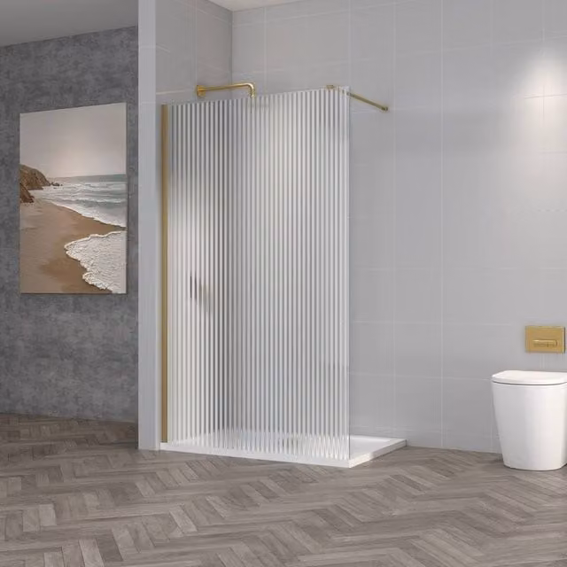 Bathroom Kingdom Milo Brushed Brass Fluted 8mm Wet Room Shower Glass Panel, Gold, W: 120 cm
