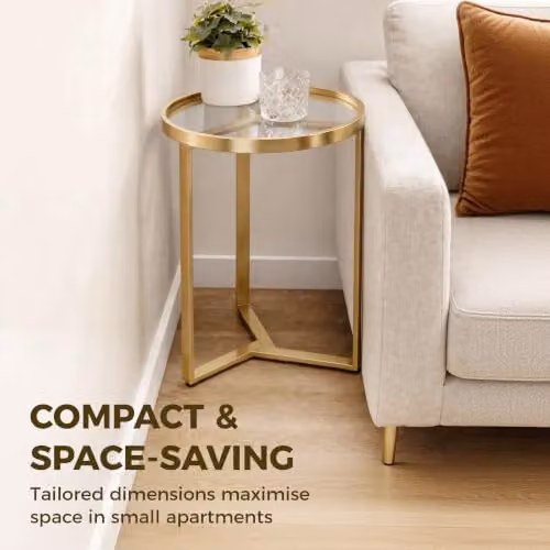 HOMCOM Modern Round Side Table with Transparent Glass Top and Gold Metal Frame, W/D/H: 45 x 45 x 50 cm – 3
