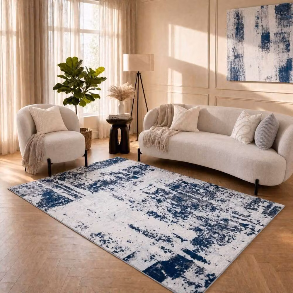 THE RUGS Elaris Stain Resistant Abstract Distressed Area Rug, Blue, W: 80 cm, L: 150 cm – 3