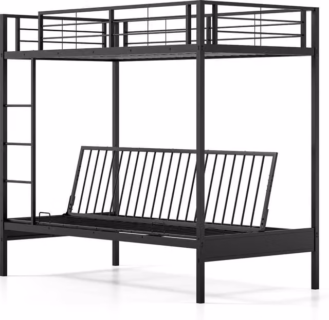 Gymax Single Over Futon Bunk Bed with Ladder and Bedside Shelf, Black – 1