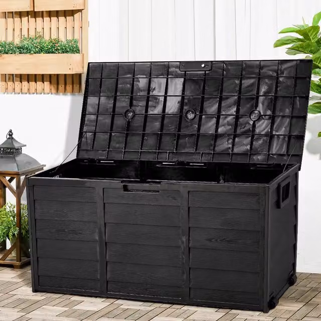 Livingandhome Modern Matt Black Plastic Outdoor Lockable Garden Storage Box with Lid