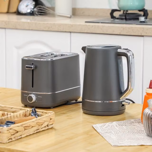 HOMCOM Grey Fast Boil 1.7L Kettle and 2 Slice Toaster Set with Defrost and Reheat Functions