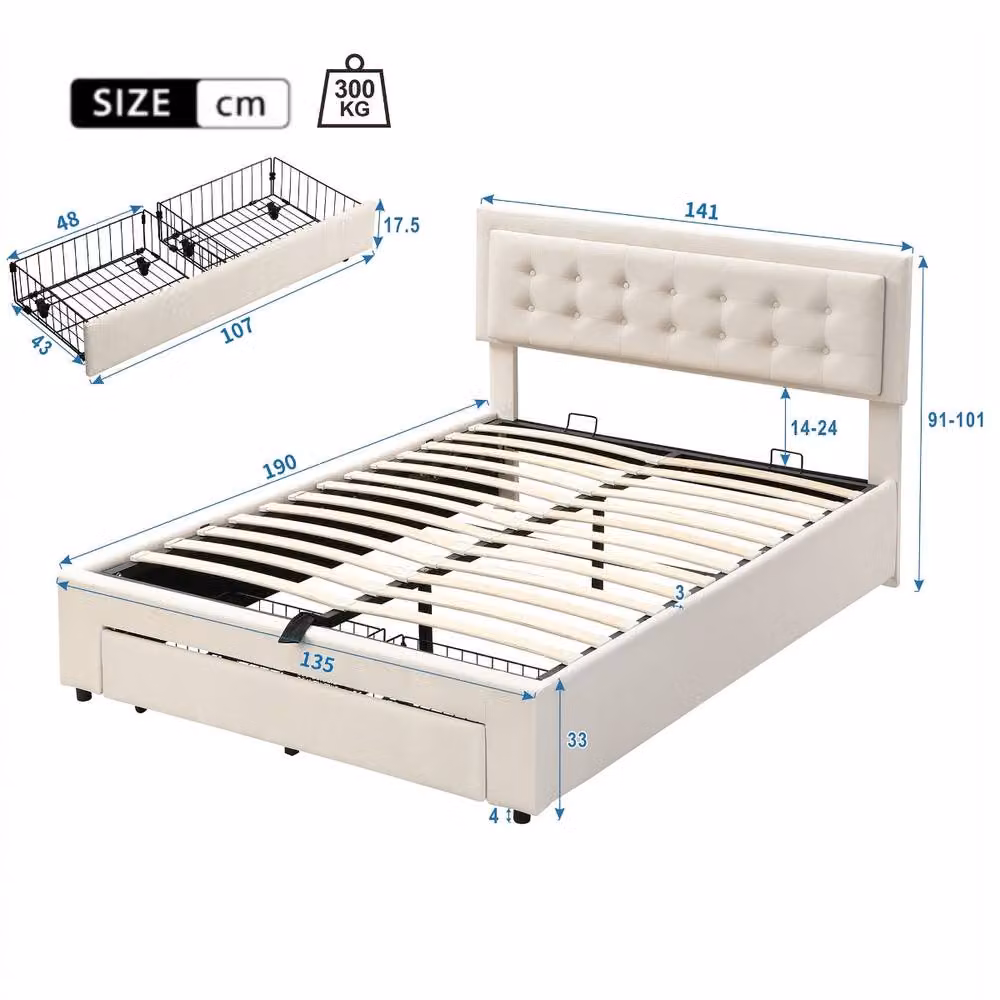 Rolipo Cream Velvet Upholstered Double Bed with Storage and Headboard, W: 140 cm, D: 200 cm – 3