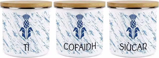 Purely Home Scottish Thistle Floral Ceramic Tea, Coffee and Sugar Canister Set of 3, Blue and White, Airtight and Leakproof