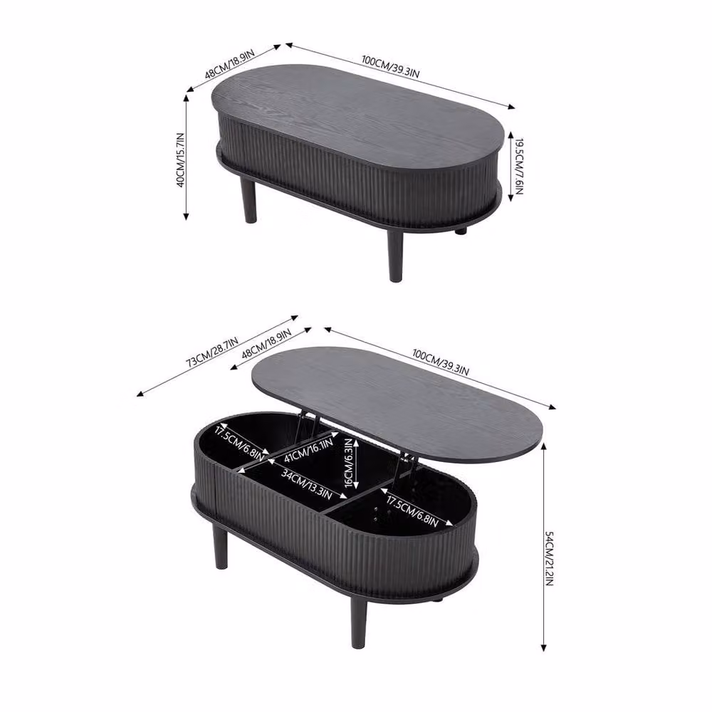 KORVIXA Black Oval Mid-Century Coffee Table with Lift Top and Storage – 2
