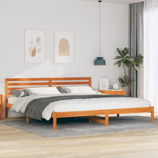 Berkfield Home Wax Brown Solid Pine Wood Bed with Headboard W/D/H: 200 x 210 x 80.5 cm