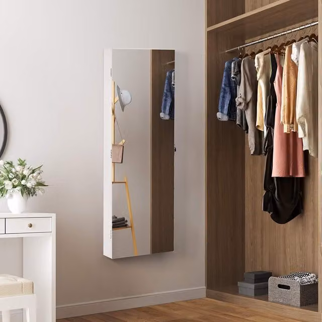 SONGMICS White Mirrored Jewellery Cabinet with Hinged Doors and Wall-Mounted Design, W/D/H: 37 x 10 x 37 cm