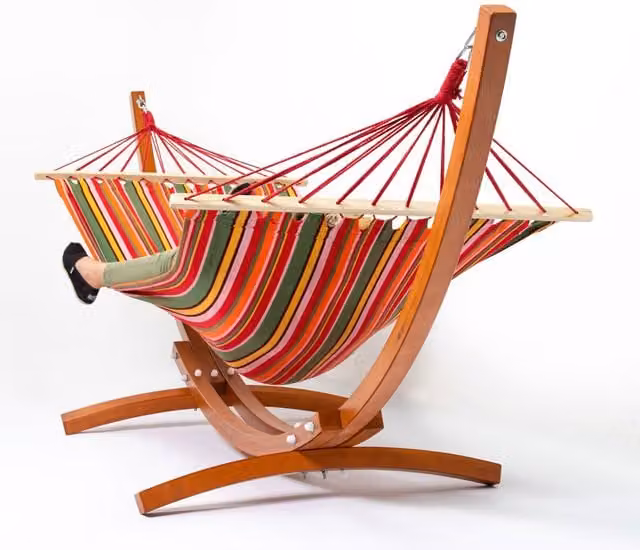 Primrose Double Wooden Hammock with Stand and Frame in Green, White and Multicolour