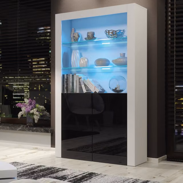 Spectrum Modern Glossy Display Cabinet in White and Black with LED Lighting, Glass Doors and Internal Shelves, H 170 x W 100 x D 35 cm