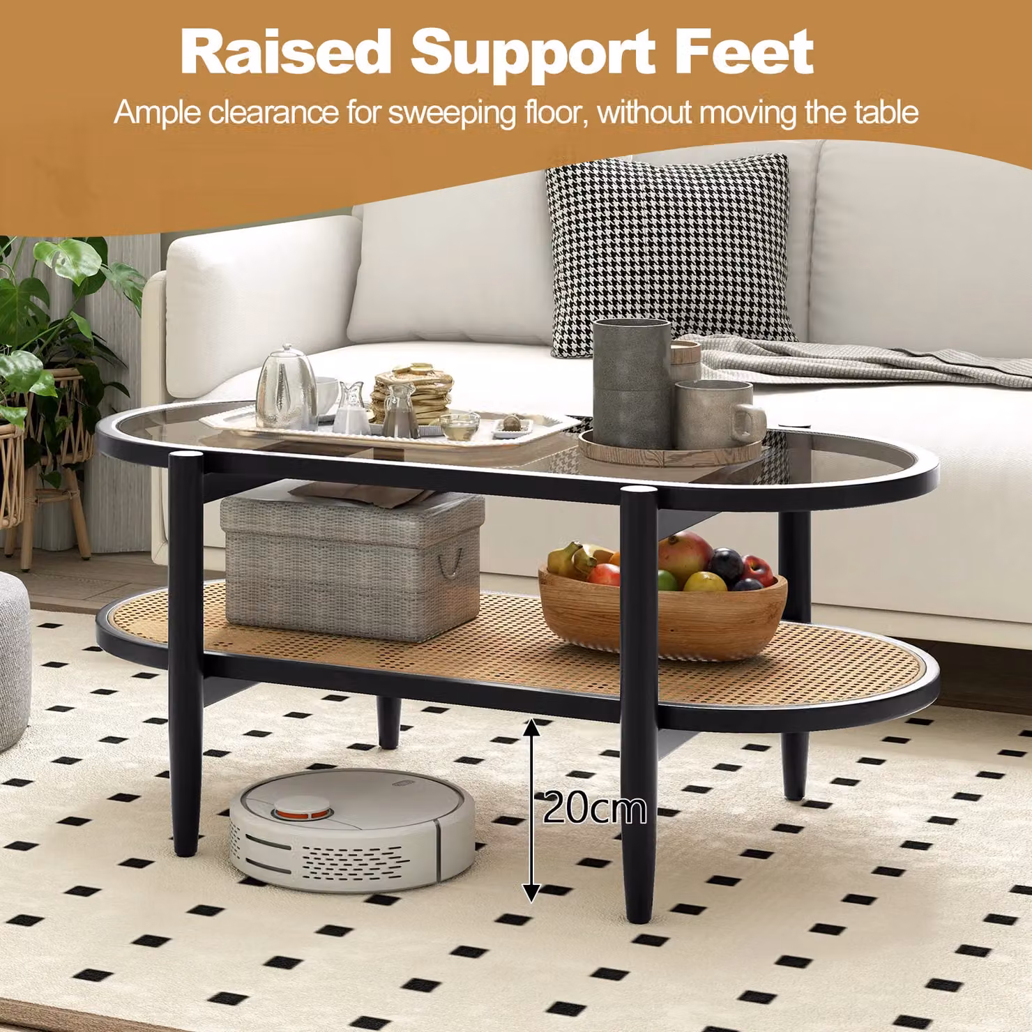 Gymax 2-Tier Oval Coffee Table with Acacia Wood and Glass Top in Black – 4