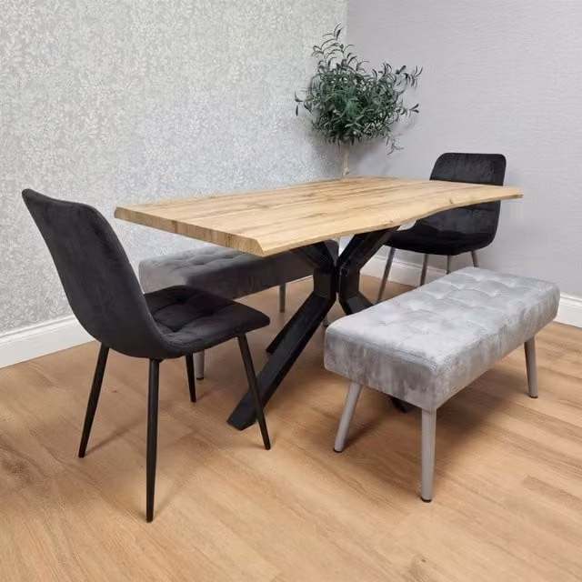KOSY KOALA Wooden Dining Set with 1 Table, 2 Black Chairs and 2 Benches in Brown and Grey