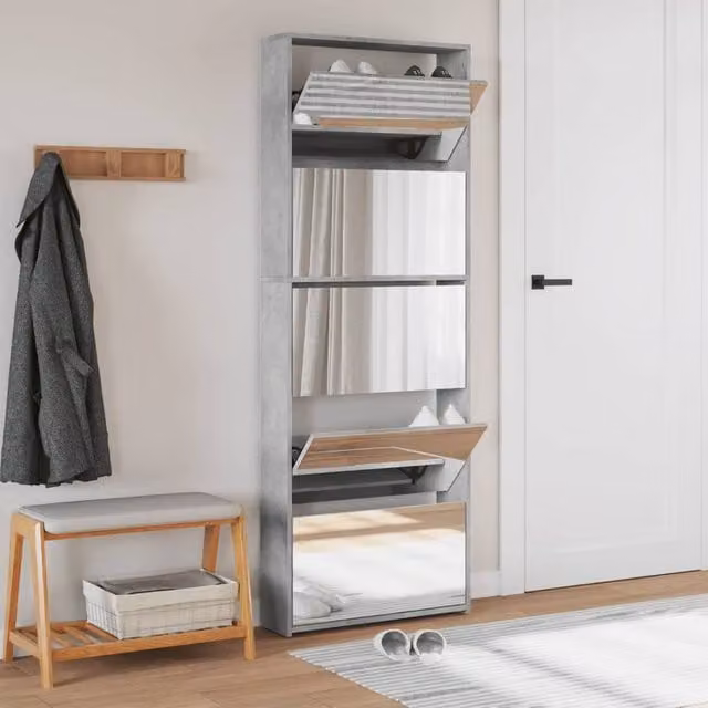 Berkfield Home Modern Shoe Cabinet with Mirror in Grey, W: 63 cm, D: 17 cm, H: 169.5 cm
