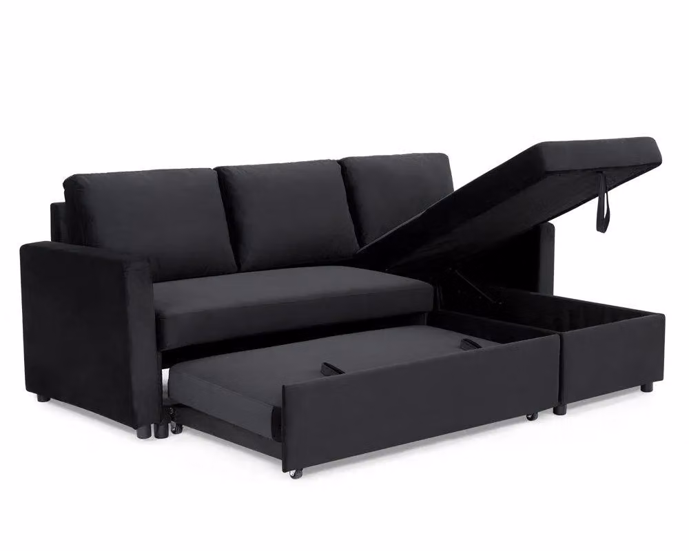 Home Detail Dorset Reversible Chaise Velvet Pull Out Sofa Bed with Underseat Storage in Jet Black – 3