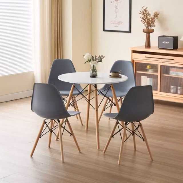 Comfy Living Ltd 5 Piece Mid-Century Dining Set with Round White Wooden Table and 4 Grey Chairs – 1