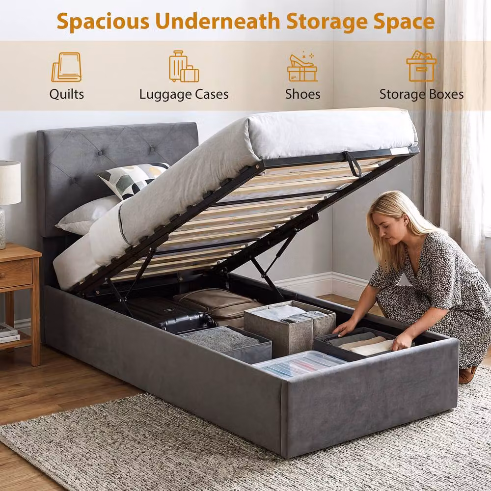 HOMCOM Single Gas Lift Bed Frame with Underbed Storage in Grey Velvet Fabric, W/D/H: 90 x 200 cm – 4
