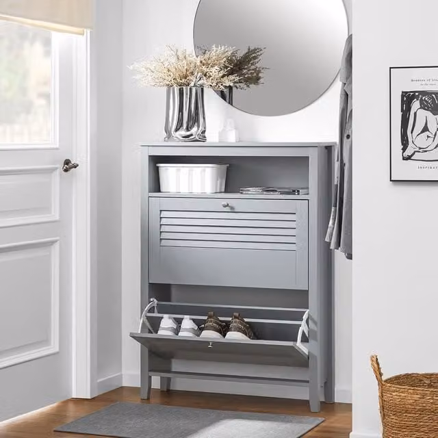 SoBuy Modern Grey Hallway Shoe Cabinet with Tilting Compartments and Internal Shelves