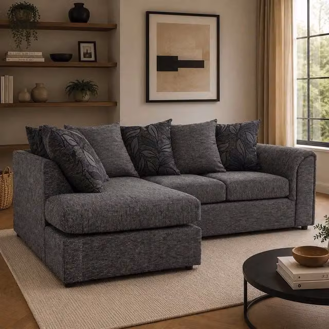 Furnishings For Less UK Byron Dundee Chenille Fabric 3 to 4 Seater L Shaped Corner Sofa in Grey, Left Hand Facing – 1