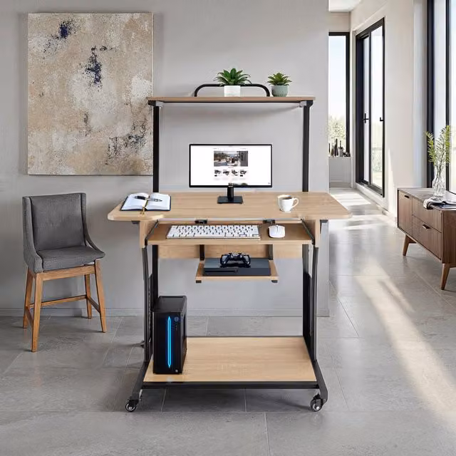 tectake Fife Industrial Computer Desk with 4 Tiers and Rolling Castors in Oak Sonoma