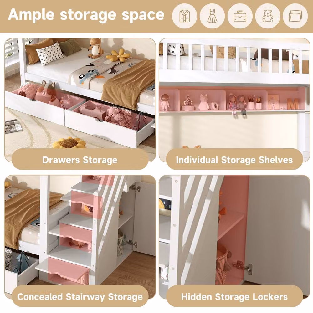 Rolipo Solid Wood Two-Level Bunk Bed with Stairs and Storage Drawers, White, W/D/H: 90 x 190 x 220 cm – 2