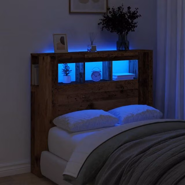 Berkfield Home Modern LED Headboard in Brown Engineered Wood with Integrated Shelf and USB Charging Port, W/D/H: 120 x 18.5 x 103.5 cm – 1