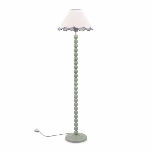 ValueLights Bobbin Stem Standing Floor Lamp in Sage Green with Blue Trim Scallop Fabric Shade – 1