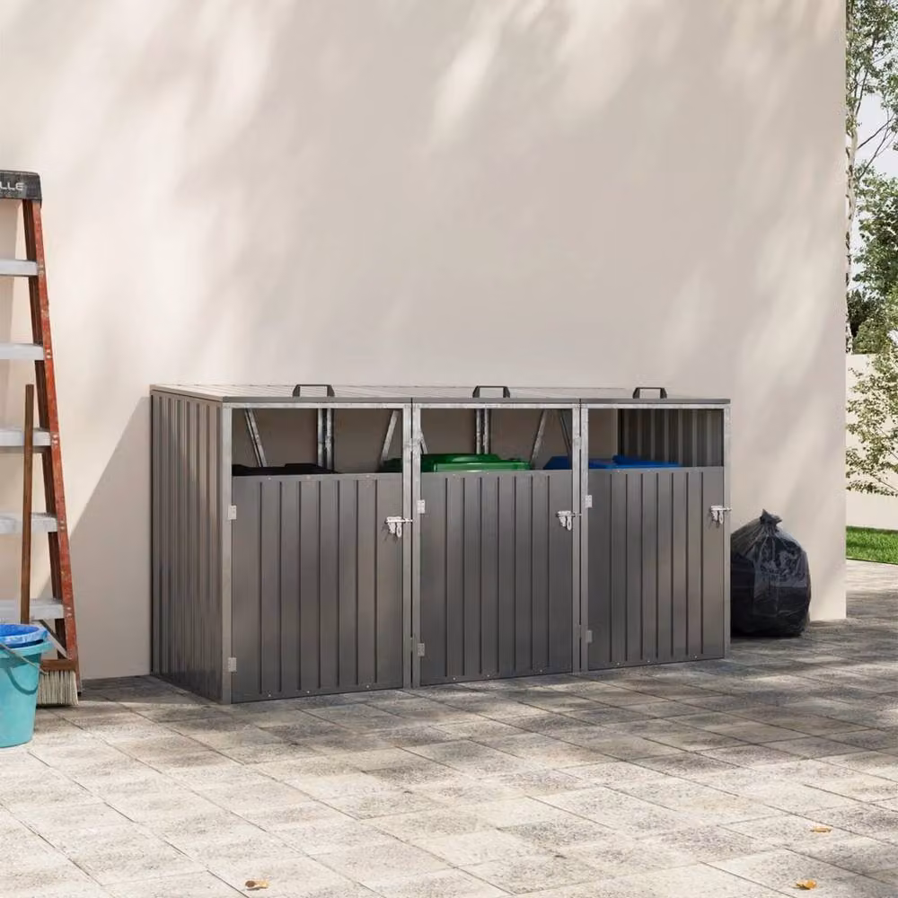 FLAVORA Large Triple Wheelie Bin Storage Metal Store in Grey – 3