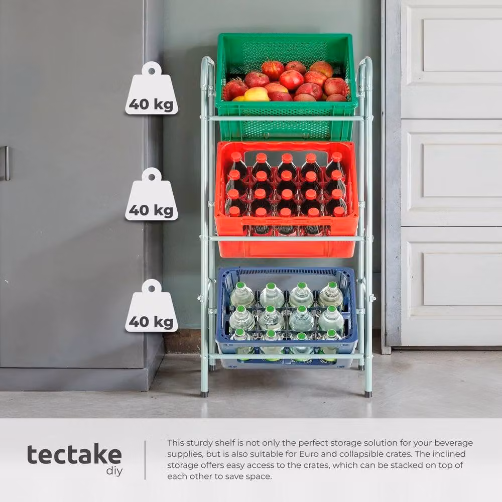 tectake Grey Metal Shelving Rack for 3 Crates, W/D/H: 50 x 33 x 116 cm – 3