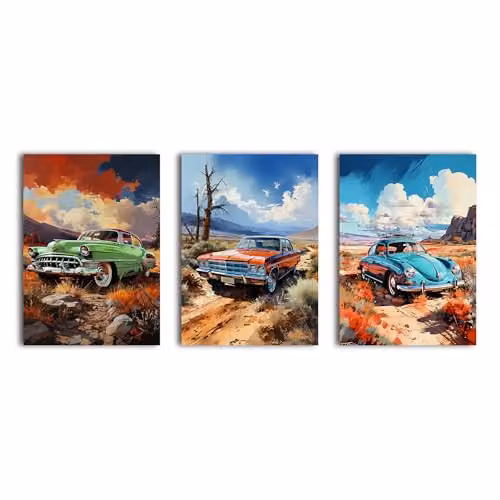 Simpa 3 Panel Vintage Classic Cars Canvas Wall Art, Multicolour Rectangular Framed and Stretched Artwork – 1