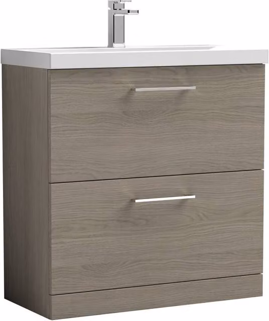Balterley Contemporary Bathroom Floor Standing 2-Drawer Vanity Unit and Mid-Edge Ceramic Basin in Solace Oak Brown, Width: 80 cm