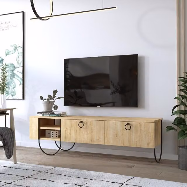 FWStyle Large TV Multimedia Unit with 2 Doors and Open Shelf in Natural Oak