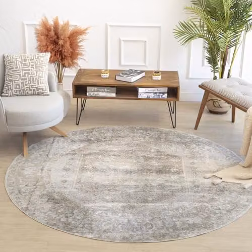 Livabliss Boka Dukan Vintage Round Area Rug, Machine Washable, Boho Style, Beige and Light Grey, Diameter: 200 cm