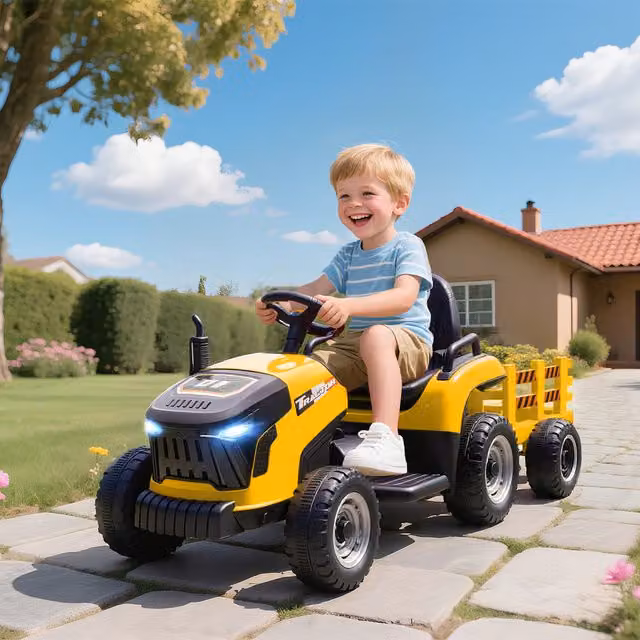 AIYAPLAY 12V Electric Ride on Tractor and Trailer in Yellow