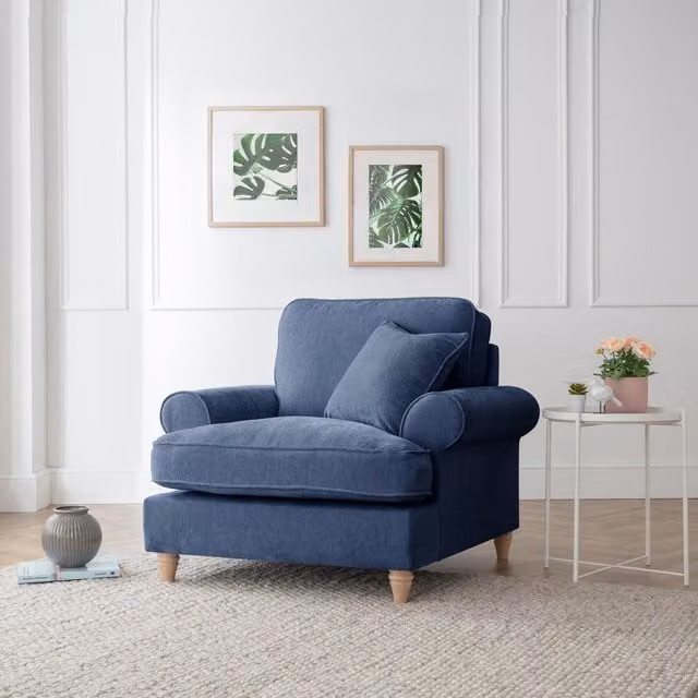 The Great Sofa Company Ezra Textured Velvet Armchair in Blue with Scroll Arms