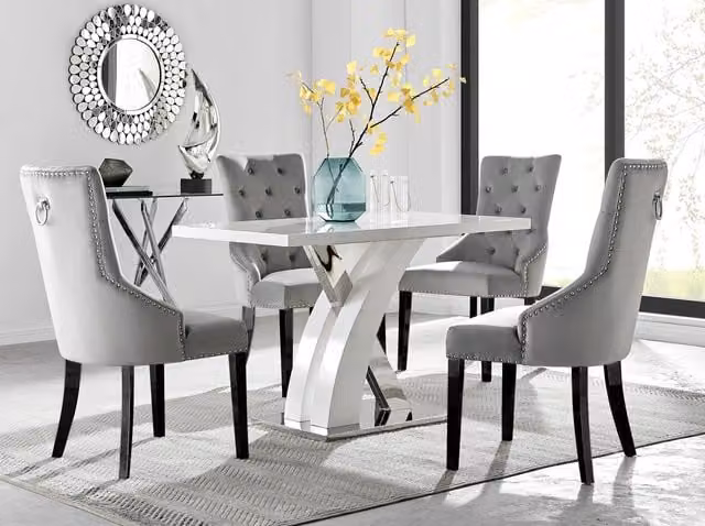 FurnitureboxUK Atlanta 4 White Rectangular Dining Table with 4 Belgravia Black Leg Chairs in Grey