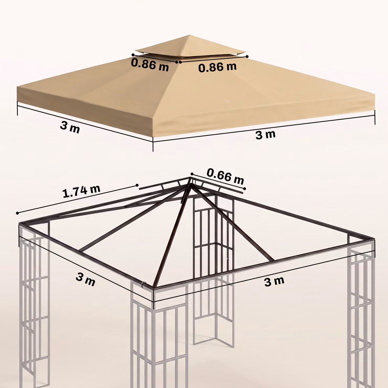 Outsunny Replacement Canopy Top Cover for Double Tier Gazebo, Deep Beige, 3 x 3 m – 3