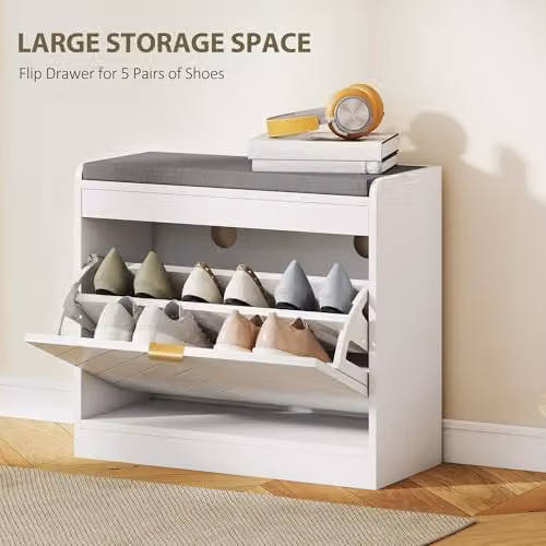 HOMCOM Modern Shoe Storage Bench with Cushion and 1 Flip Drawer, White and Gold – 2