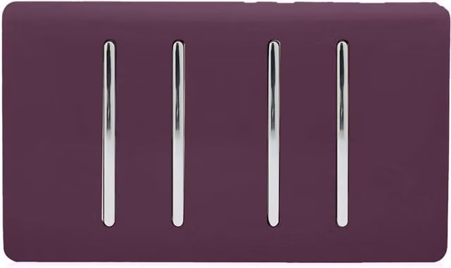 Trendi 4 Gang 2 Way Screwless Raised Front Quad Electrical Wall Light Switch in Plum Purple with Chrome Rockers – 1