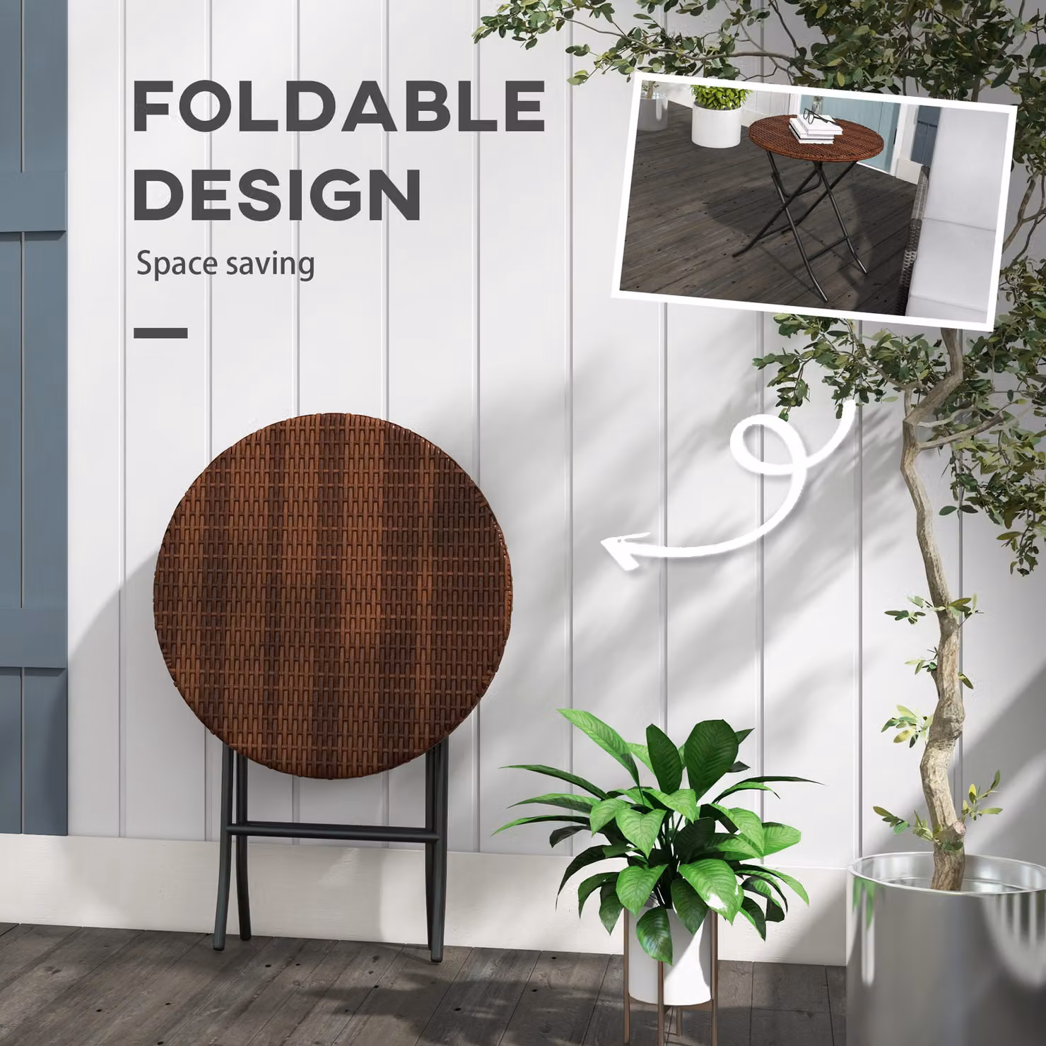 Outsunny Round Foldable PE Rattan Outdoor Coffee Table with Metal Frame in Mixed Brown – 6
