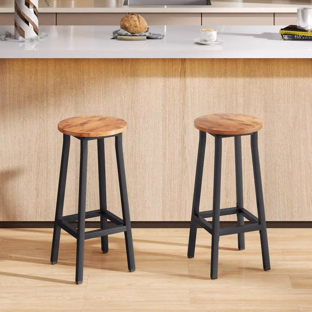 Wyld Haus Rema Set of 2 Industrial Round Bar Stools in Brown and Black Metal, Height: 65 cm – 3