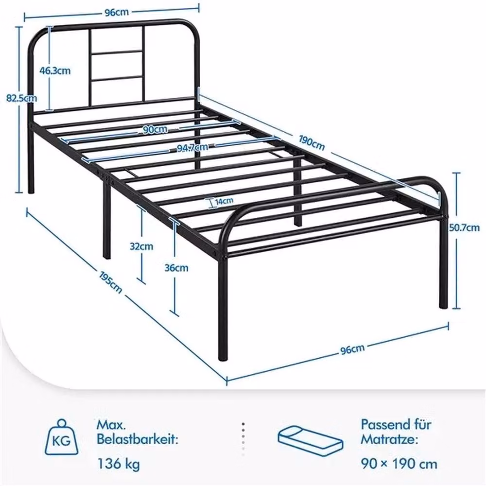 EONLION Single Metal Bed Frame, Black, W/D/H: 90 x 190 cm – 2