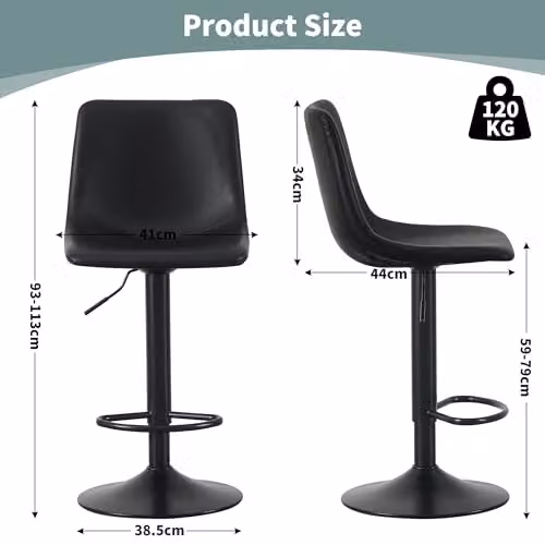 MCC Direct Set of 2 Height Adjustable Swivel Bar Stools with Backrest and Footrest in Black PU Leather – 3
