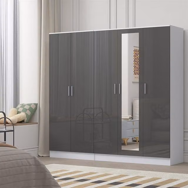 Reflect Wardrobe Bundle with 3-Door Mirror and 2-Door Plain Design in Grey Gloss and Matt White, H 188 cm x W 120 cm x D 47 cm – 1