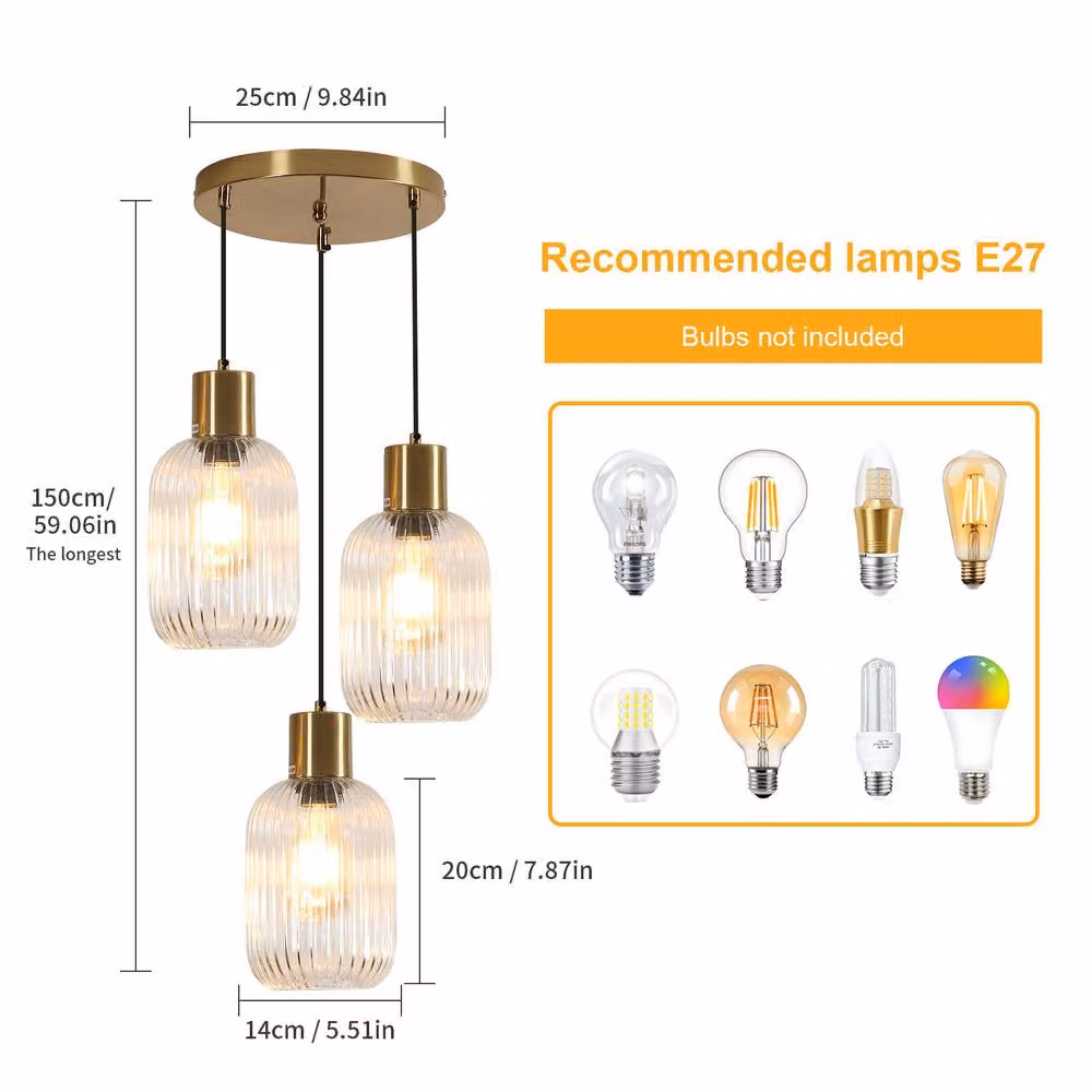 Goeco Gold Glass and Metal Cylinder Pendant Light with Adjustable Height and E27 Socket – 2
